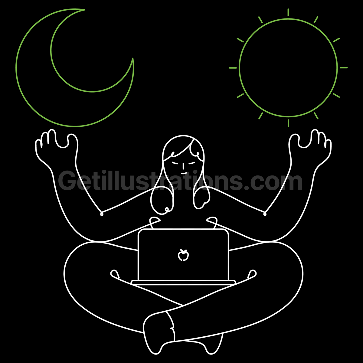 day, night, shift, woman, laptop, computer, moon, sun, weather, forecast